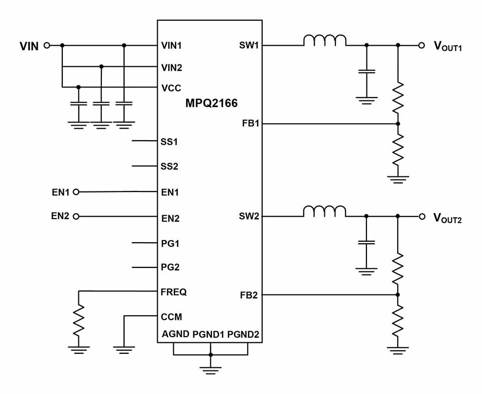 MPQ2166 - 6V, Dual 2A/2A or 3A/1A Synchronous Buck Regulator